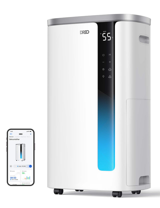 DREO BUTO 55% G M I + 9 - - DREC - - - - - Dehumidifier 5 Aut - IU% + - - - 56 - - 08:00 - . -. : I - - - UeiS
