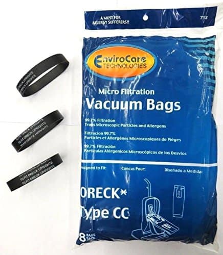 A MUST FOR ALLERGY SUFFERERS!!  
713 UPRIGHTS CRECK UPRIGHTS 0F8 DRECK 0RT ter UPRIGHTS ORECK ORECK TO TO FIT FIT TO  
envirocar TECHNOLOGIES Micro Filtration Vacuum Bags  
99.7% Filtration Traps Microscopic Particles and Allergens  
Filtracion 99.7% Particles et Allergnes Microscopiques de Piges  
99.7% Filtracin Particulas Alrgenicos Microscpicos de los Desvlos  
Designed to Fit:  
Concus Pour:  
Diseado a Medida:  
ORECK*  
Type CC  
BAGS  
8 SACS