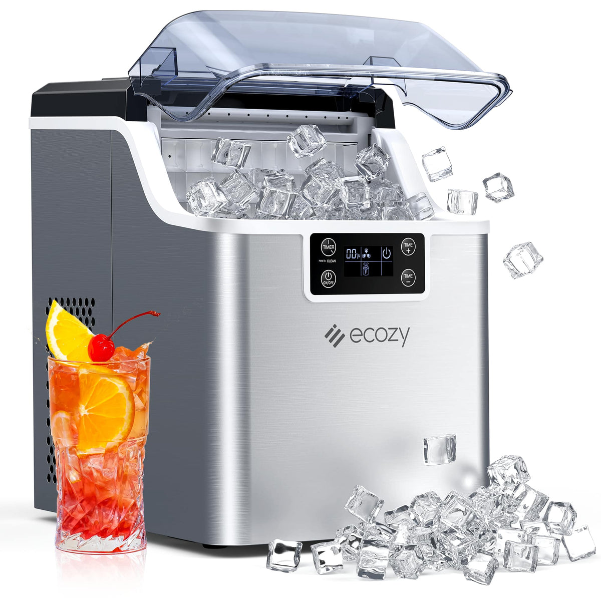 Ecozy - Ice Cube Maker Countertop, 45 lbs Per Day Ice Machine, 24 Cubes Ready in 13 Mins - Silver