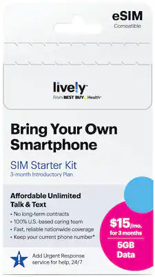 Lively® - Lively SIM/eSIM – 3 Months of Service – 5GB Data, Unlimited Talk and Text