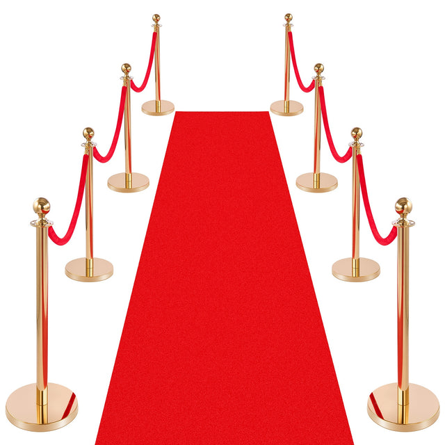 Front. VEVOR - Stanchion Post, 8 Pcs Crowd Control Barrier Set with Red Carpet, 6 Red Velvet Ropes, Stainless Steel Gold Stanchion - Red velvet rope.