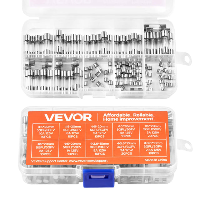 Affordable. Reliable.  
VEVOR Home Improvement.  

5*20mm 5GFU/5GFV 10A 125V 10PCS  
5*20mm 5GFU/5GFV 8A 125V 10PCS  
5*20mm 5GFU/5GFV 5A 125V 10PCS  
5*20mm 5GFU/5GFV 4A 125V 10PCS  
5*20mm 5GFU/5GFV 3A 125V 20PCS  
5*20mm 5GFU/5GFV 2A 125V 10PCS  
3.6*10mm 3GFU/3GFV 1A 125V 10PCS  
3.6*10mm 3GFU/3GFV 2.5A 125V 10PCS  

VEVOR Support Center www.vevor.com/support  
Made In China