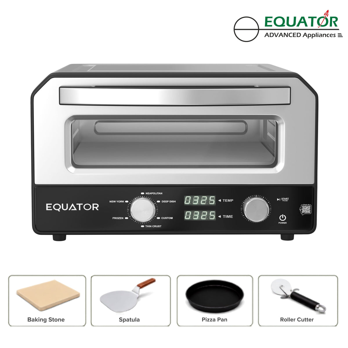 Equator - ELECTRIC 12.5" PIZZA OVEN Multi Program + Authentic Baking Stone | Brick Oven 0.5 cu.ft. Portable | Compact 110V - Stainless Steel