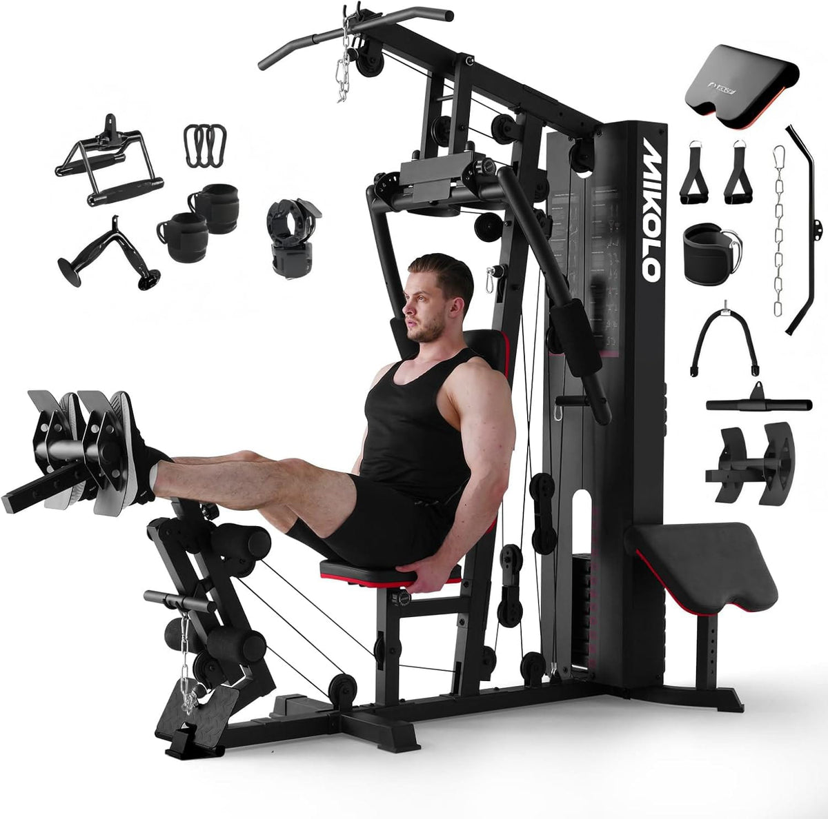 Mikolo - Home Gym, Workout Station with 150LBS Weight Stack, Multifunctional Home Gym Equipment, Exercise Equipment for Full Body - Black