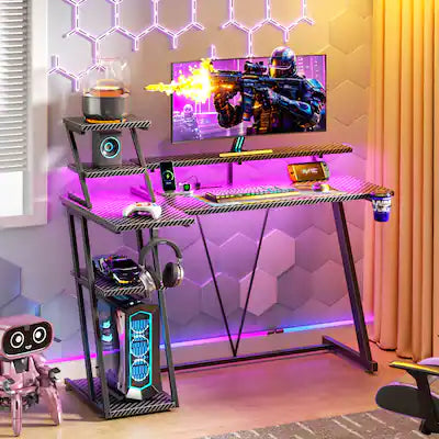 Furnulem - 39 In Gaming Desk with Monitor stand CPU Stand Power Outlet RGB LED Lights Cup Holder Headphone Hook