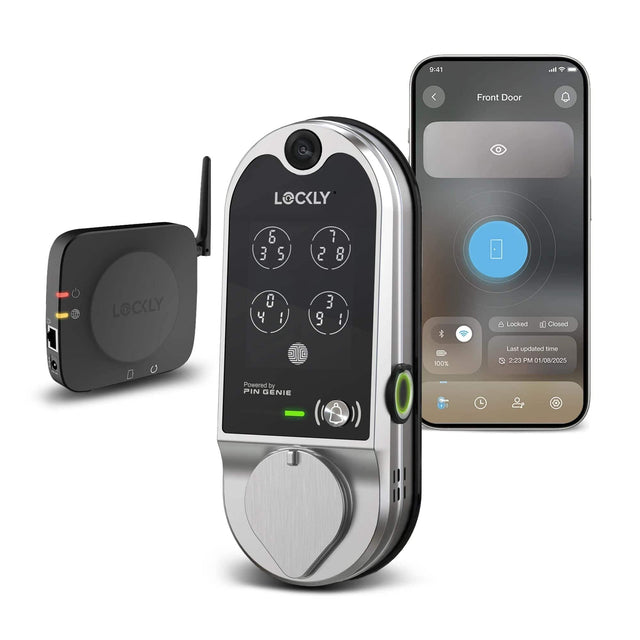 9:41 Front Door  
LOCKLY  
6 3 5 2 7 8  
LOCKLY  
0 4 1 3 9  
Locked  
Closed  
Powered by PIN GENIE  
100%  
Last updated time 2:23 PM 01/08/2025