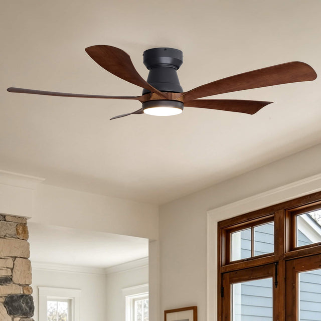Front. Siljoy - 52 Inch Modern Low Profile Ceiling Fan with Light Matte Black Walnut Finish 5 Wood Blades Quiet DC Motor with Remote - Brown.