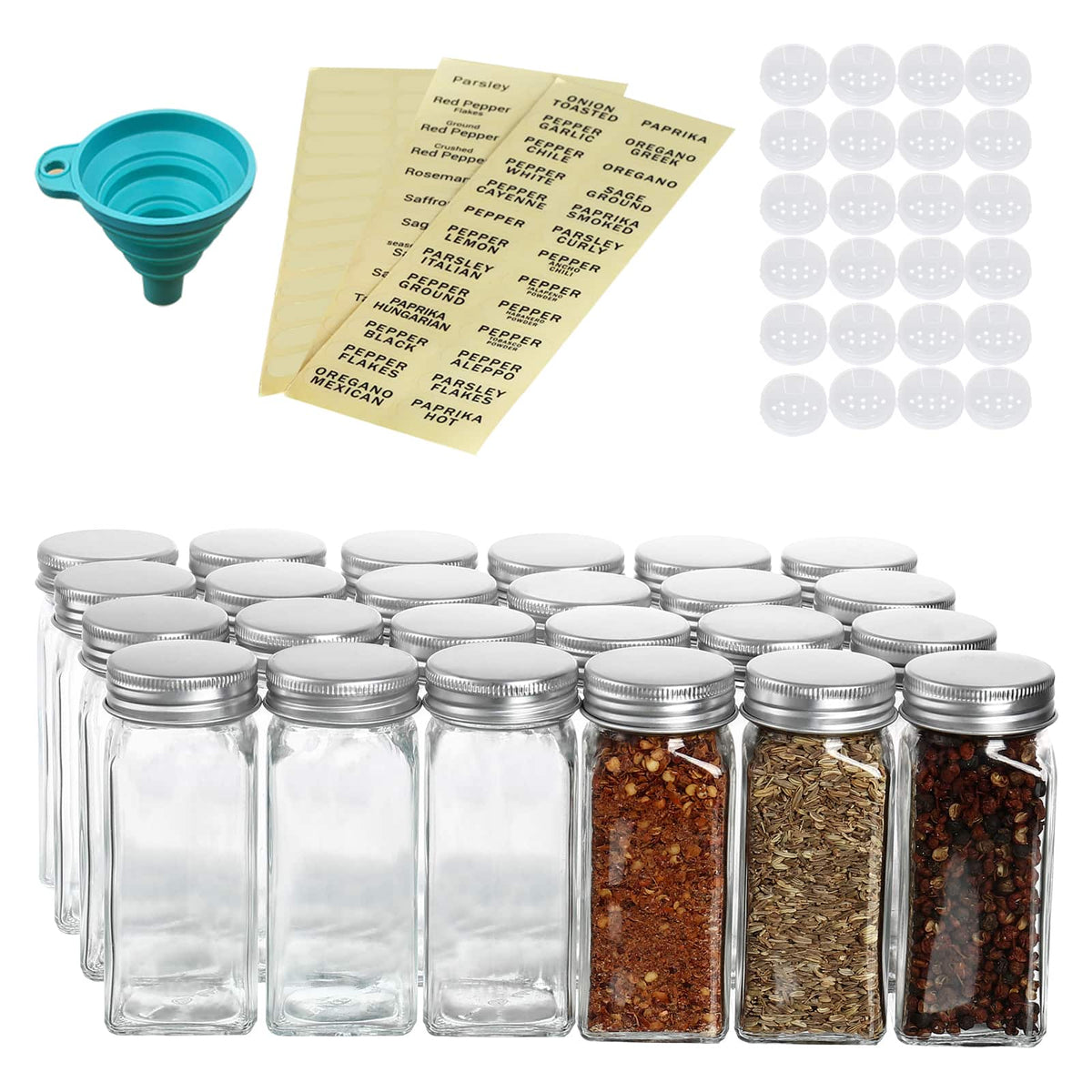 Oumilen - 24-Pack Glass Spice Jars with Silver Metal Lids, 4 oz Square Seasoning Containers for Kitchen Organization