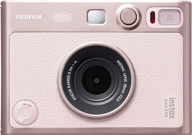 FUJIFILM  
INSTAX HYBRID SYSTEM  

INSTAX LENS 28mm F2.0  
FOCUS RANGE 0.1m - 8m  

mini instax Evo  

ON OFF