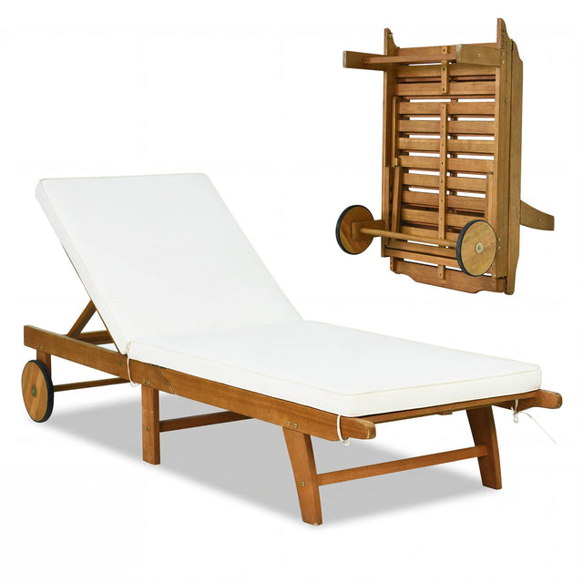 Front. Costway - Costway Patio Acacia Wood Lounge Chair Chaise Recliner Adjustable Backrest Cushion Wheel - White.