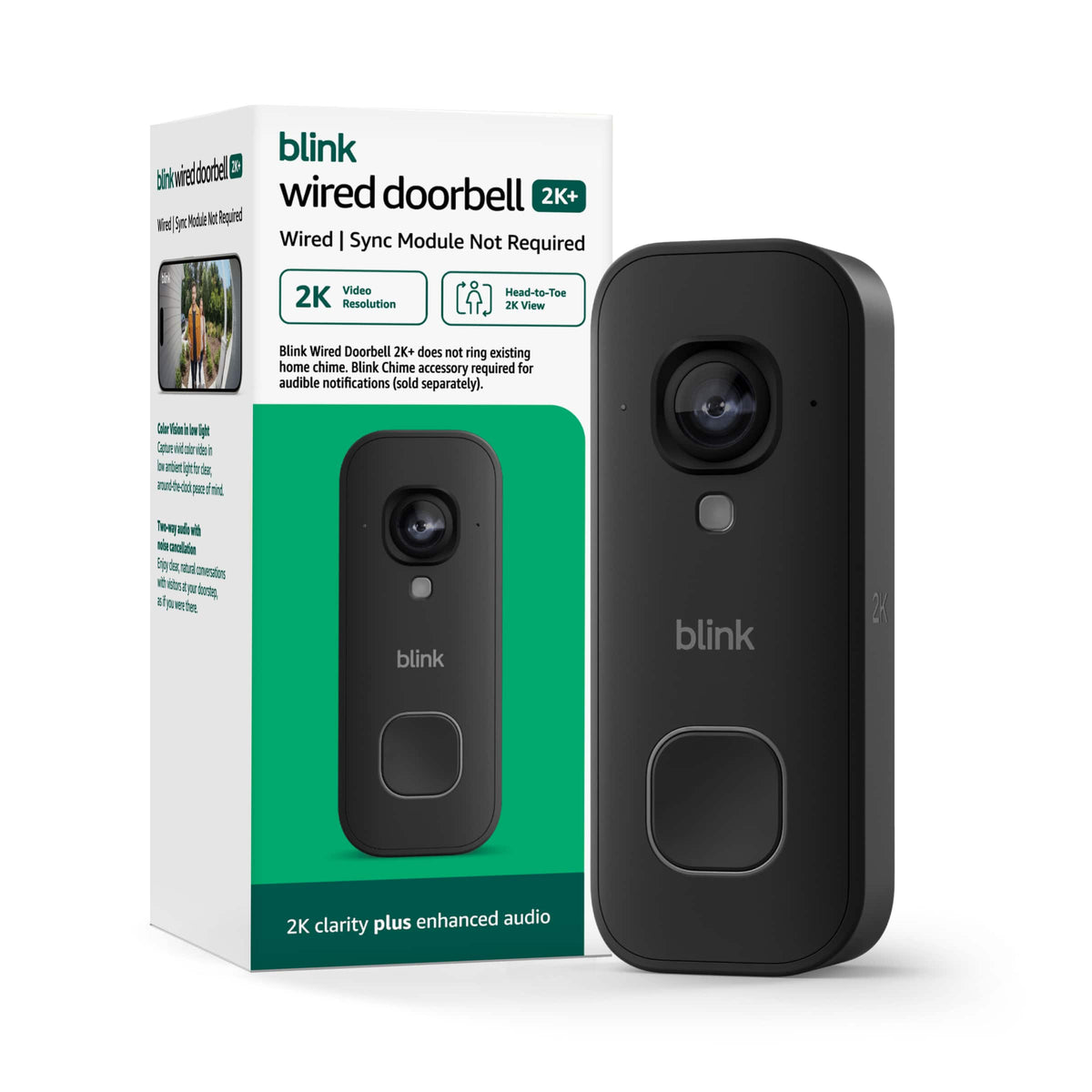 Blink - Wired Doorbell 2K+ — Head-to-Toe 2K video doorbell, continuous hardwired power, enhanced audio - Black