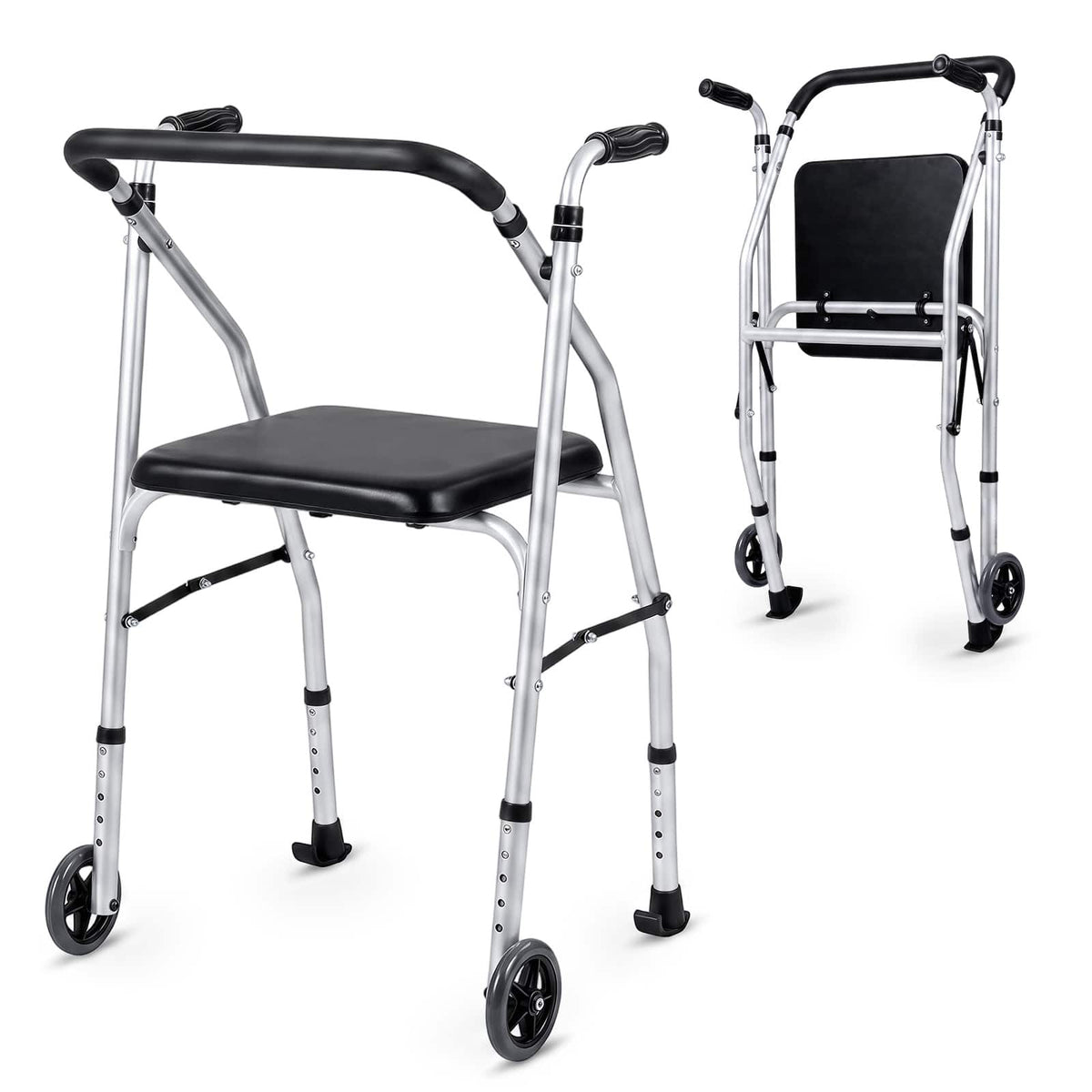 Costway - Folding Walker for Seniors, Lightweight Aluminum Mobility Walker with 2 Wheels - Silver