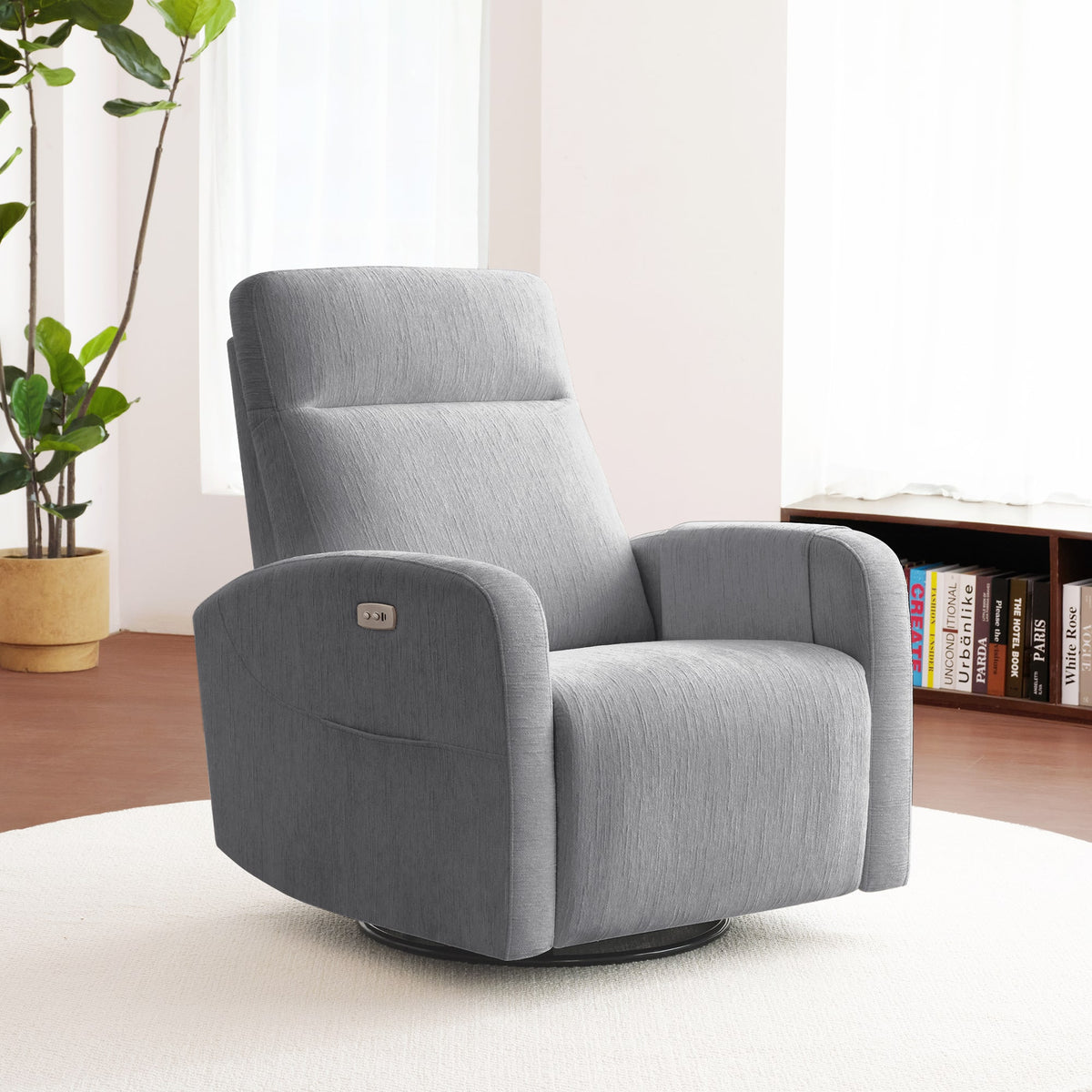 ModernMate - 32.7" Modern Chenille Power Recliner with Armrest, Zero Gravity Swivel Rocker and Built-in USB & Type-C - Light Gray