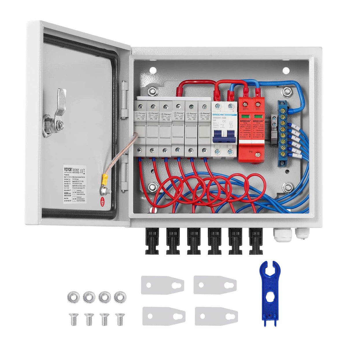 VEVOR - PV Combiner Box, 6 String, Solar Combiner Box with 10A Rated Current Fuse 63A Circuit Breaker Lightning Arrester - Gray