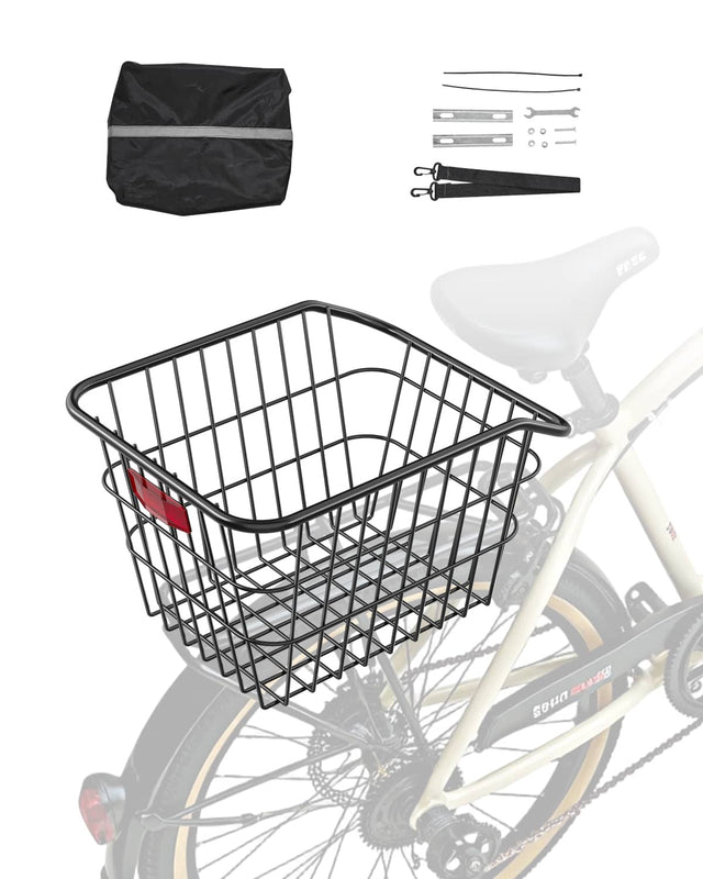 Front. VEVOR - Rear Bike Basket, Metal Wire Bicycle Basket with Reflective Tail Light & Waterproof Cover, Durable Bike Back Basket - Black.