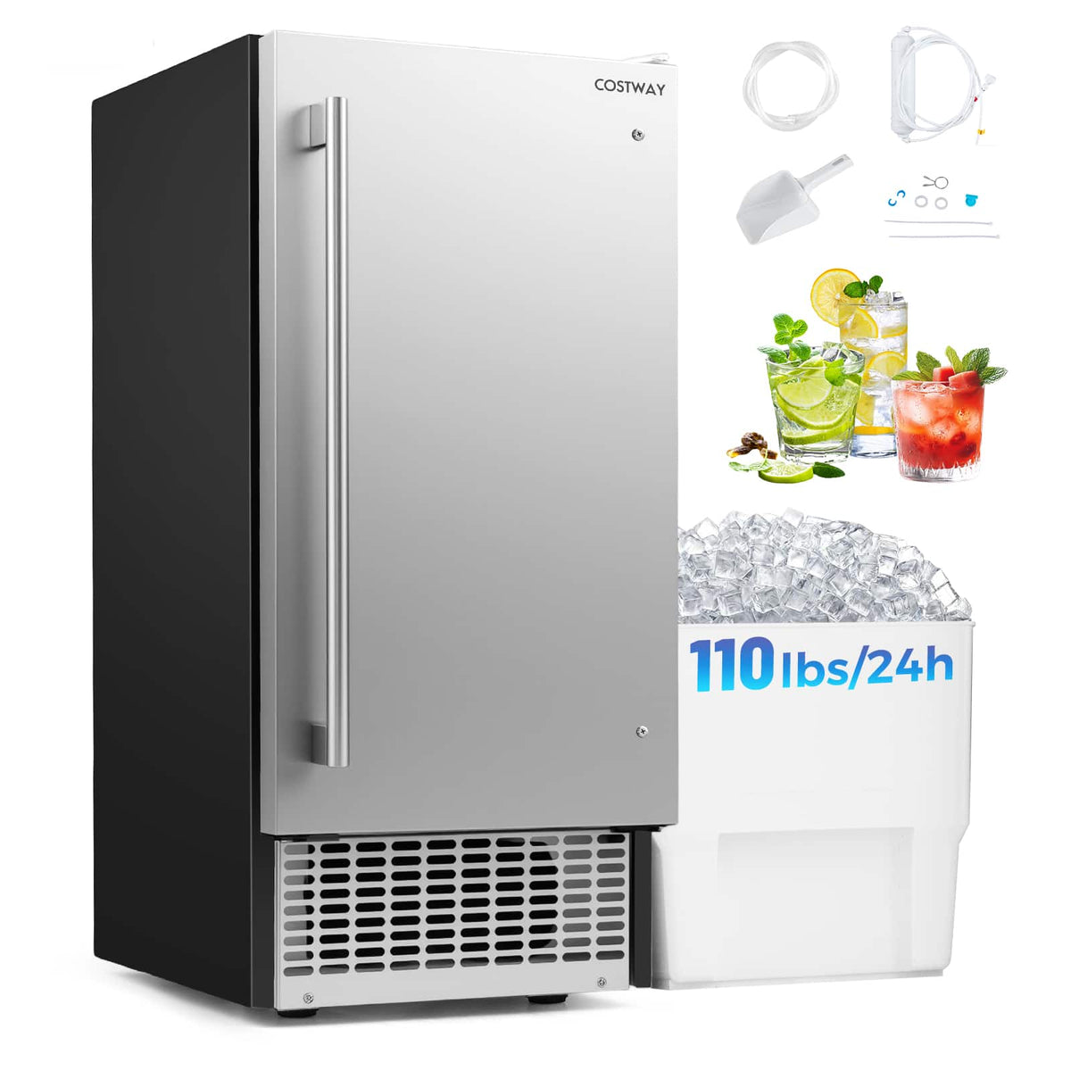 Costway - Freestanding Ice Maker, 110 lbs/24H Undercounter/ Ice Machine with 25 lbs Capacity - Silver&Black