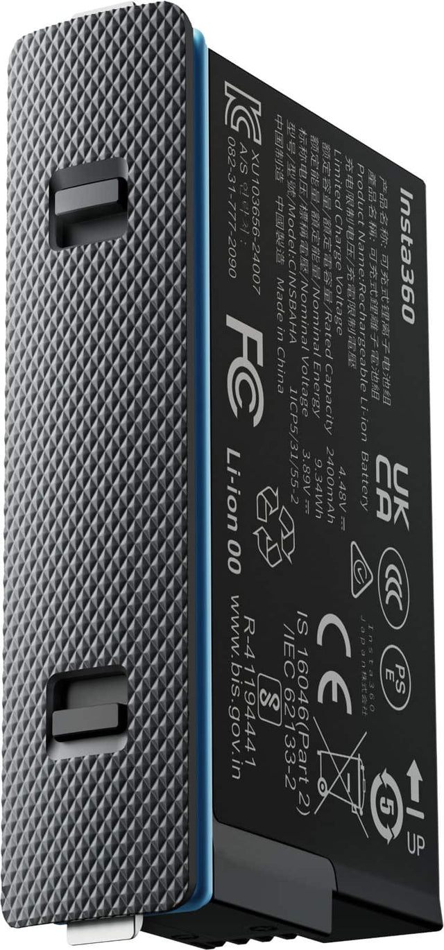 AIS Limited 082-31-777-2090 XU103656-24007 Product: Insta360 Made in China Nominal Charge/Name: Rechargeable Li-ion Battery 1ICP5/31/55-2 3.89V 9.34Wh 2400mAh 4.48V Battery CA UK: CE Japan Insta360 E PS bis.gov.in 62133-2 16046(Part2 2) 5 t UP