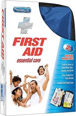 PhysiciansCare  
FIRST AID  
essential care  

195 PIECE  

Soft-Sided Storage Pouch  
Contains Items to Treat Minor Cuts, Scrapes, and Burns  
Clear Pockets for Easy Access  
Portable Soft-Sided Case