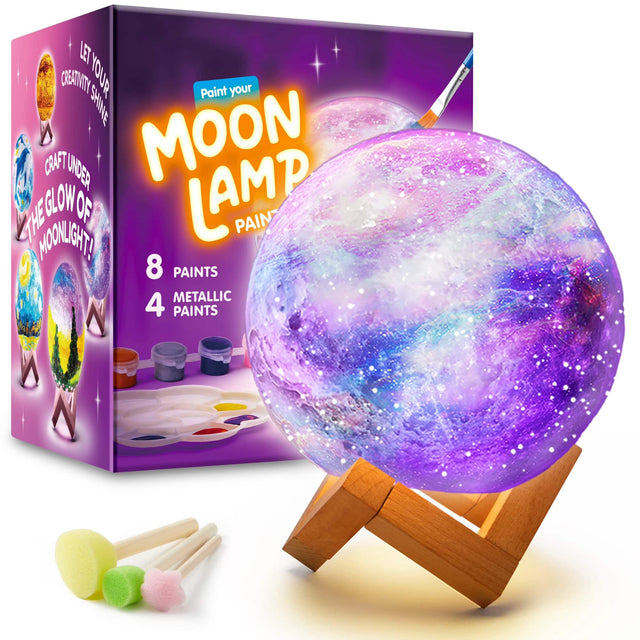 Let your creativity shine. Paint your moon lamp. Craft under the glow of moonlight! 8 paints, 4 metallic paints