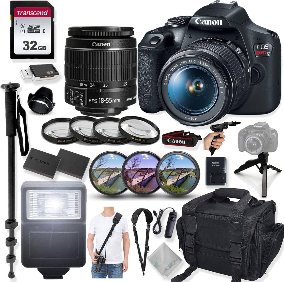 Bundle - Canon - EOS Rebel T7 DSLR Camera Kit with 18-55mm Lens, Monopod, Tripod and Accessories - Black