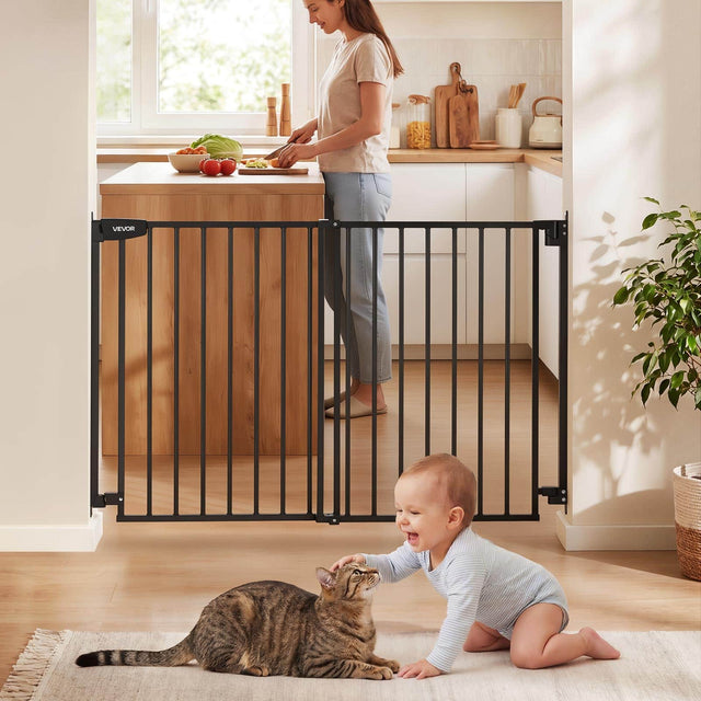 Front. VEVOR - Baby Gate for Stairs, 31-48 in Adjustable Width, 30 in High Dog Gate, No Bottom Bar, One-Handed Operation, Easy Drilling - Black.