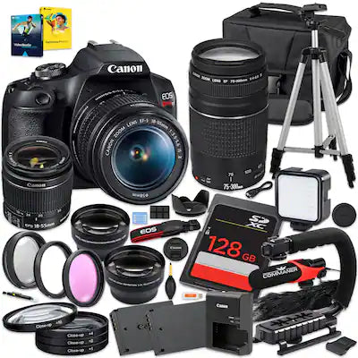 Canon - EOS Rebel T7 DSLR Bundle with 18-55mm & 75-300mm Lenses, 128GB Card, Tripod, Mic & Accessories