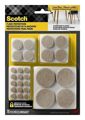 Scotch  
Floor Protectors  
Protecteurs de Planchers  
Protectores para Pisos  

Hardwood Floors  
Planchers de Bois Franc  
Pisos de Madera  

Adhesive Lock  
Serrure Adhésive  
Cerradura Adhesiva  

78 PCS/Pieces/Unidades  

Value Pack | Paquet-prime  
Paquete Promocional  

3M