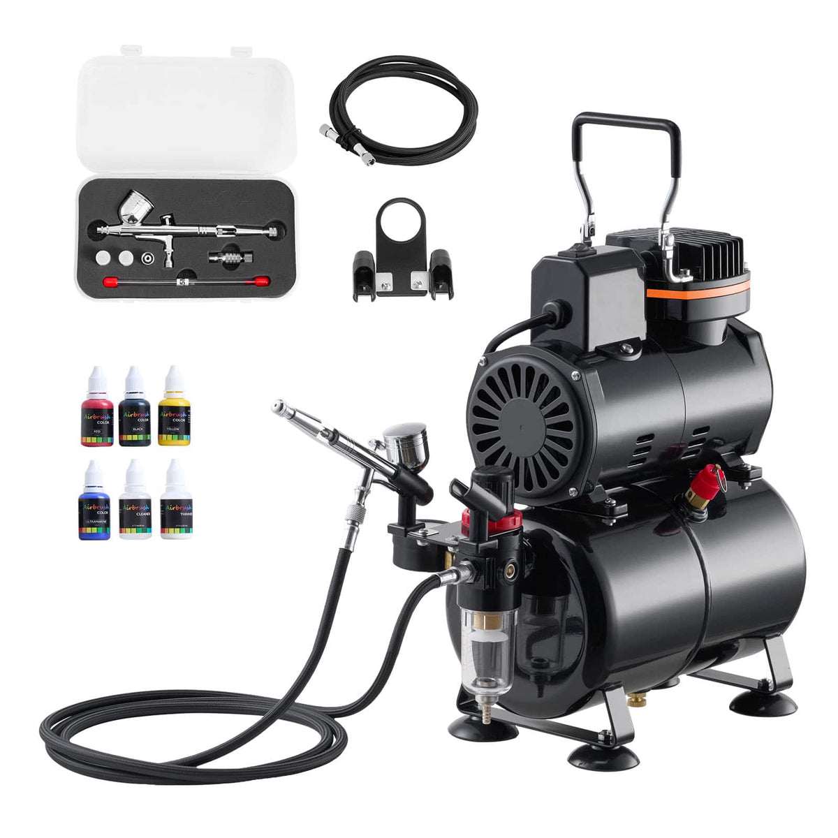 VEVOR - Airbrush Kit, 1/6 HP, Air Brush Kit with Air Compressor and Tank, 1 Dual-Action Professional Airbrush with 3 Tips - Black