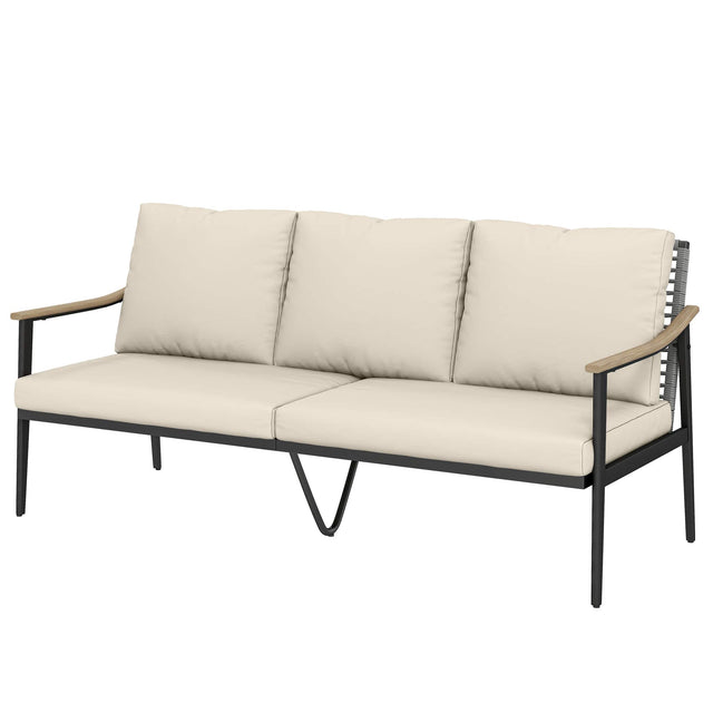 Front. Outsunny - Seater Outdoor Patio Sofa, Outdoor Couch with Wood-Effect Armrests, Wicker Backrest - Khaki.