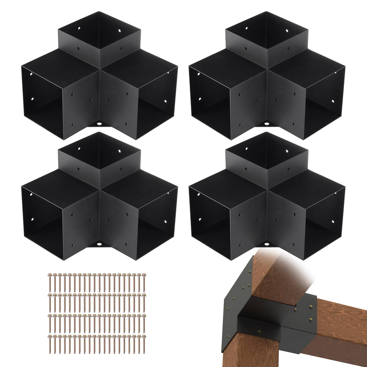 VEVOR - Pergola Bracket Kit 6''x6''(Inner Size 5.6x5.6), 4pcs 3-Way Heavy Duty Corner Bracket Woodworks DIY Post Base Kit - Black