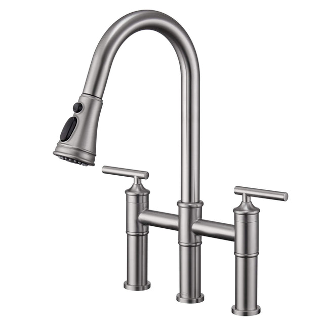 Front. Boyel Living - Double Handle Bridge Pull-Down Kitchen Faucet with 3-Spray Patterns and 360 Degrees Rotation Spout - Brushed Nickel.