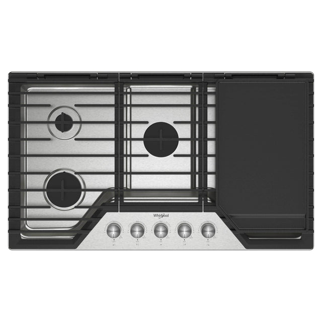 Front. Whirlpool - 36 in. Wide 5 burners Built-In Gas Cooktop with  2-in-1 Hinged Grate to Griddle - Stainless Steel.