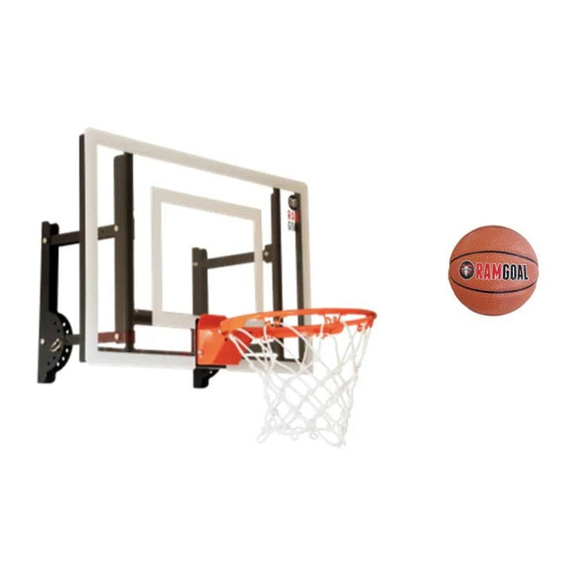 Front. RAMGOAL - Wall Mounted Indoor Adjustable Mini Basketball Hoop with Ball | 24" Shatter Resistant Backboard with Breakaway Rim - Gray.