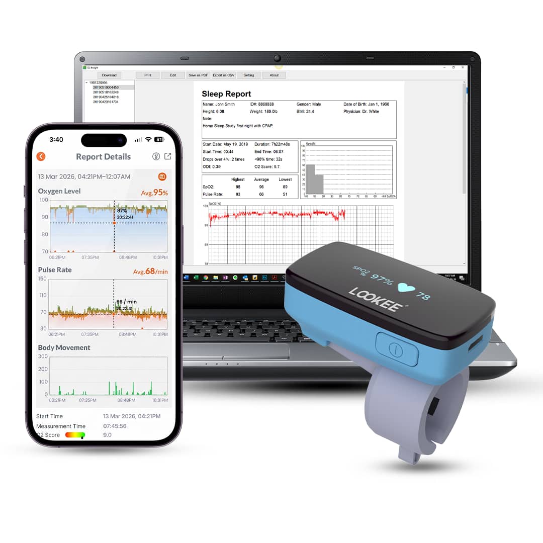 LOOKEE - LOOKEE® Ring-Pro Continuous Oxygen Finger Monitor with Vibration Reminder for Low SpO2, PR | Enjoy Free PC & APP Reports - Blue