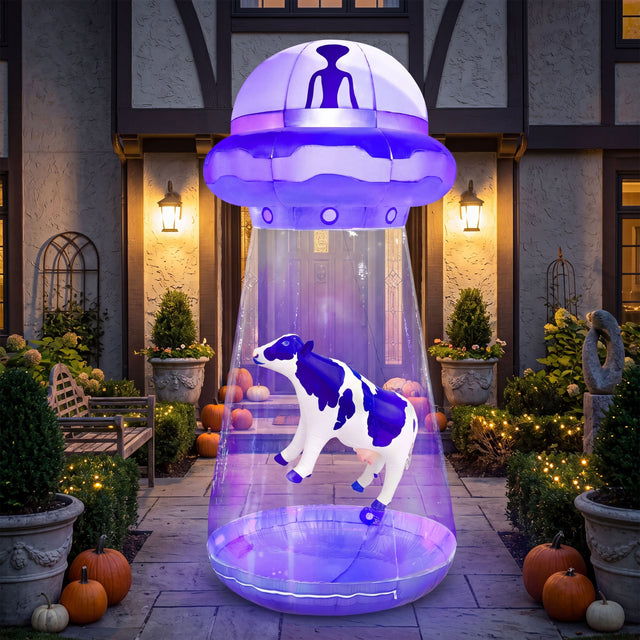 Front. Joyfy - 9FT Halloween Inflatable UFO with Built-in LEDs –Purple Alien Decoration for Yard, Garden, Lawn & Outdoor Party Displays - Purple.
