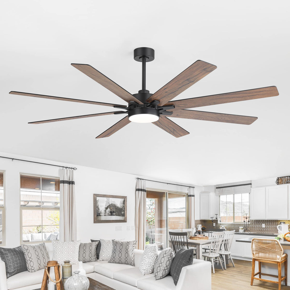 Breezary - 72-Inch LED Ceiling Fan - 8 ABS Blades, 24W LED Light, DC Motor, 6 Speeds, Remote Control, Timer, Downrod Installation - Black & Dark Walnut