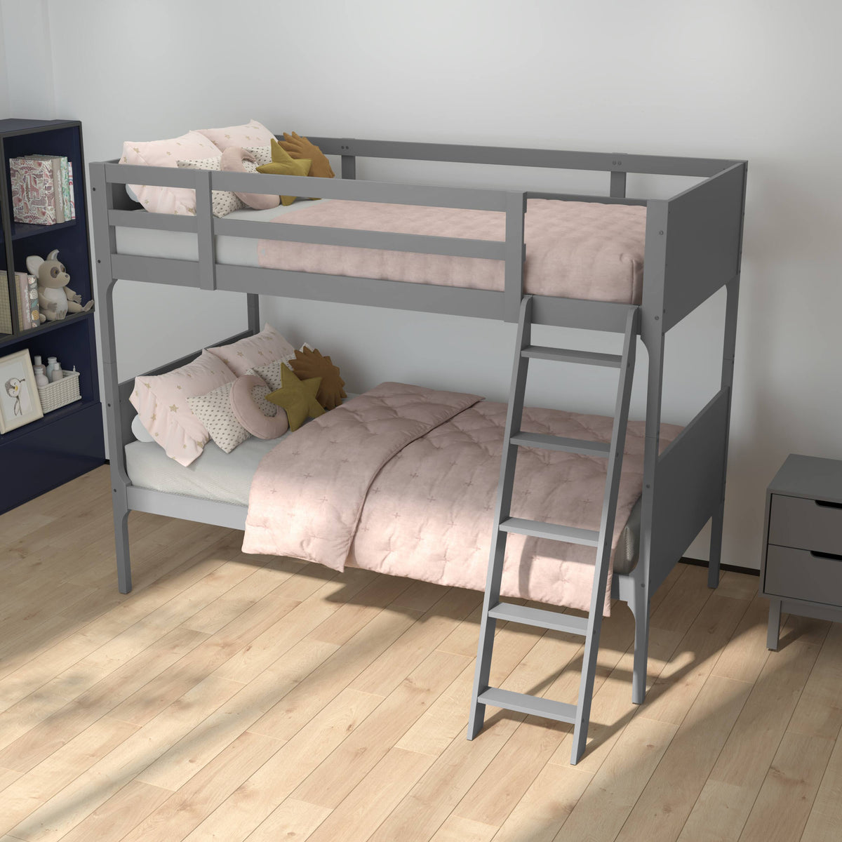 Emma + Oliver - Samuel Kids Bunk Bed with Convertible, Solid Wood Slatted Frame and Easy-to-Climb Ladder with No Box Spring Required - Gray