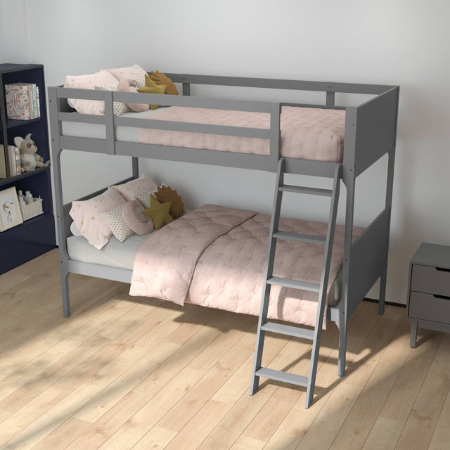 Front. Emma + Oliver - Samuel Kids Bunk Bed with Convertible, Solid Wood Slatted Frame and Easy-to-Climb Ladder with No Box Spring Required - Gray.