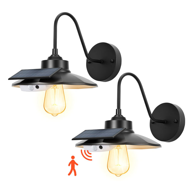 Front. VEVOR - Solar Outdoor Barn Light, 3 Lighting Modes and Motion Sensor, 2-Pack Gooseneck Light Fixture, Farmhouse Wall Sconce - Black.