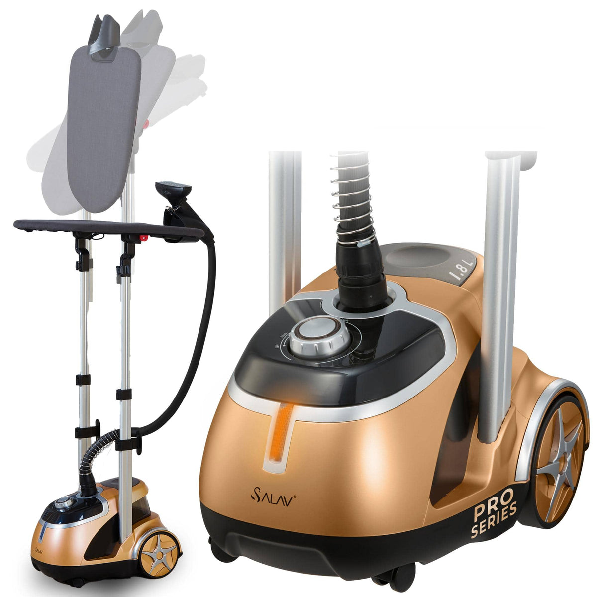 SALAV - Pro Series Dual Bar Garment Steamer With Steam Selection Dial And Rotatable Ironing Board - Gold