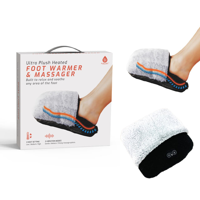 Ultra Plush Heated FOOT WARMER & MASSAGER  
Built to relax and soothe any area of the foot  

3 HEAT SETTINGS  
Low / Medium / High  

3 VIBRATION MODES  
Gentle / Medium / Strong massage options  

PURSONIC