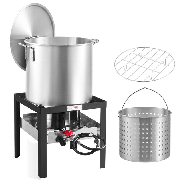 Front. VEVOR - 100 Qt Seafood Boiling Kit with Strainer, Outdoor Seafood Boil Pot and Basket, Cooking Set for Crawfish Lobster Boiling - Silver.