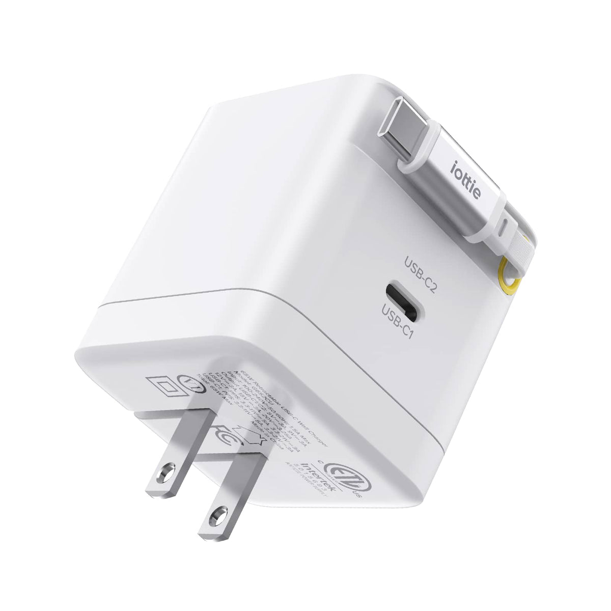 Basix by iOttie 65W GaN Wall Charger, Built-in Retractable USB-C Cable, USB-C & USB-A Ports, Triple-Device Fast Charge - White