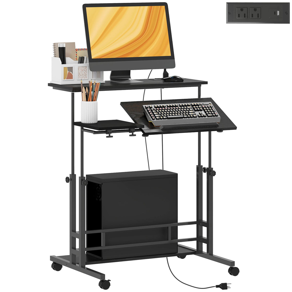 Homcom - Standing Desk with Power Outlets, Stand Up Desk with Tiltable Tabletop, Wheels, Shelf - Black