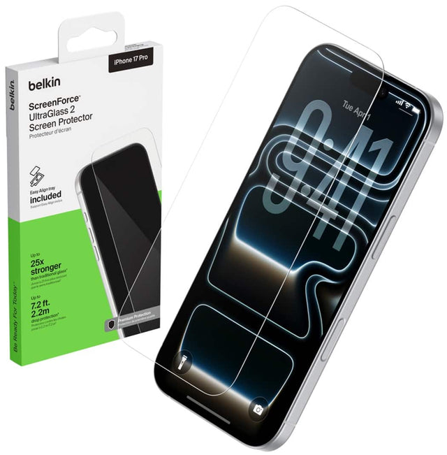 belkin ScreenForce 2 UltraGlass Protector Screen d'cran Protecteur Easy Aligntray included Suont 25x stronger traditional glass* tar Anor -u Today Lier - ft. 7.2 For 2.2m protection? do Ready Be 17 Pro iPhone Protection A Phemsium I Tue Tit. A Apr1 0#