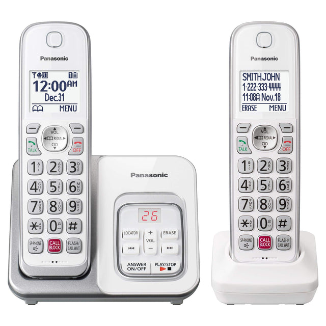 Panasonic Panasonic T TOE ELO 12:00 AM Dec.31 MENU SMITH.JOHN 1-222-333-4444 11:08A Nov. 18 ERASE MENU TALK 1  4 GI 7 I * a: SP-PHONE y VOL REDIAL CID OFF S ABC 3 I 5 JKL 6 y 8  9 WYZ 0 a # CALL FLASH/ BLOCK CALL WAIT Panasonic 26 LOCATOR + ERASE VOL. H4  TALK 1  4 1HL 7 QRN * SP-PHONE - VOL. REDIAL CID OFF 2 AB 3 DEF 5 JKL 6 y 8 TUM 9 WXYZ 0 # # CALL FLASH/ BLOCK CALL WAIT ANSWER PLAY/STOP ON/OFF
