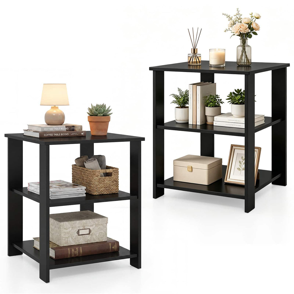 Gymax - 2PCS 3-Tier End Table Square Side Table w/Open Storage Shelves for Living Room - Black