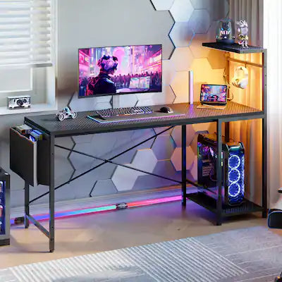 RSPGAME - 60'' Gaming Desk with Monitor Shelf & Storage Drawer, Ergonomic LED Lights Computer Desk for Home Office
