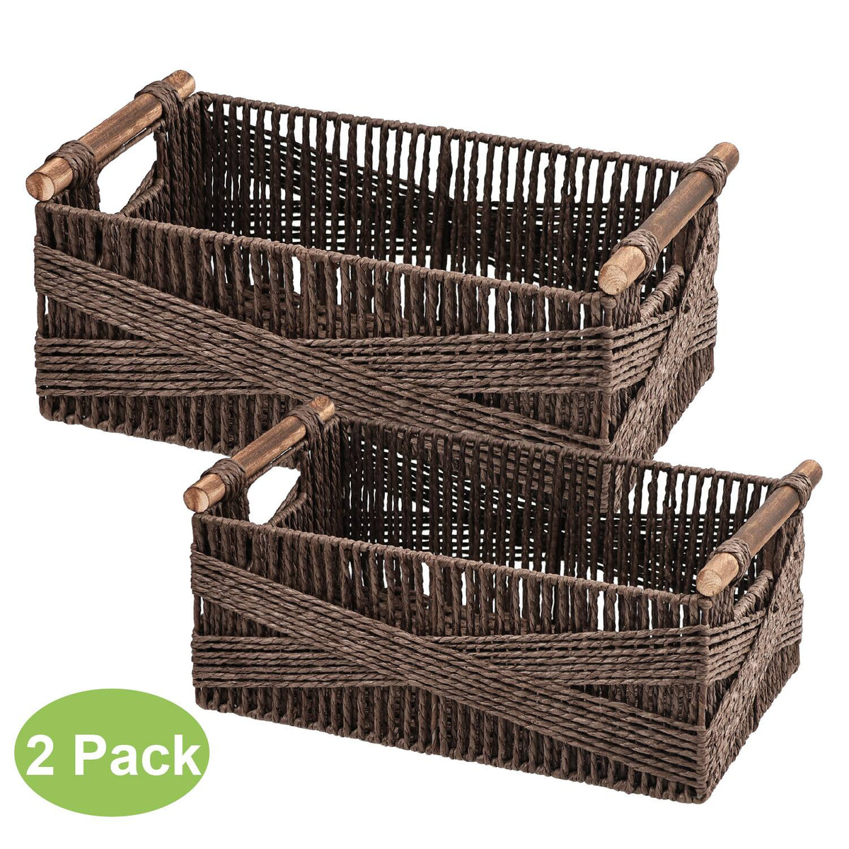 Garnen - Storage Baskets for Shelves with Handle, Storage Basket for Home, 13" & 15" Hand-Woven Rectangular Wicker Basket - Brown