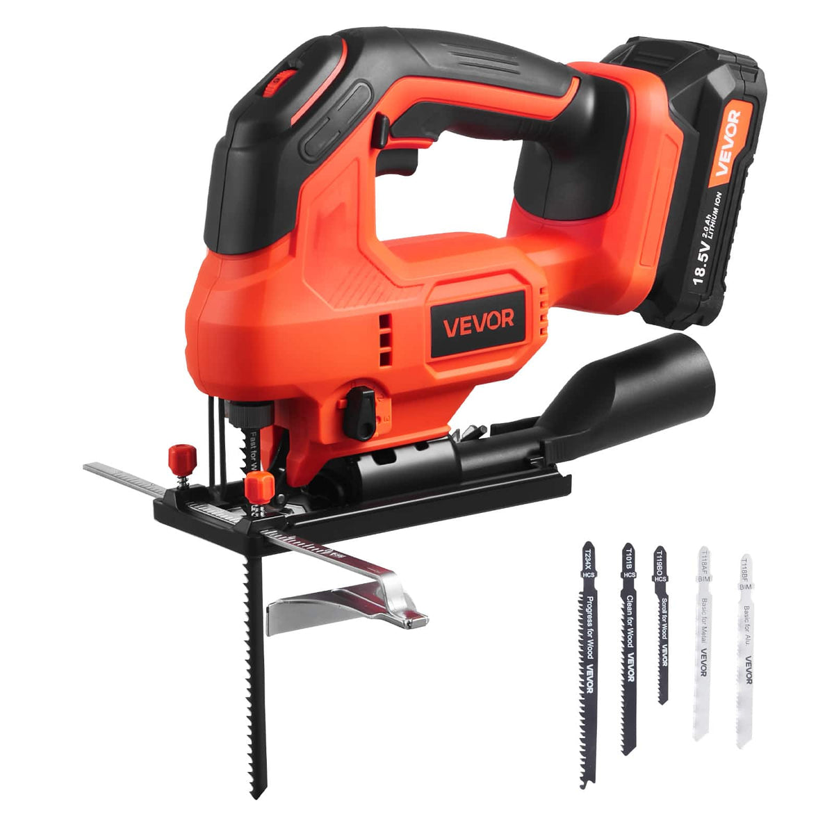 VEVOR - Cordless Jig Saw, 20 V, 3000 SPM Blade Speed, Cordless Jigsaw with Battery and Charger, LED Light, 6 Variable Speed - Orange + Black